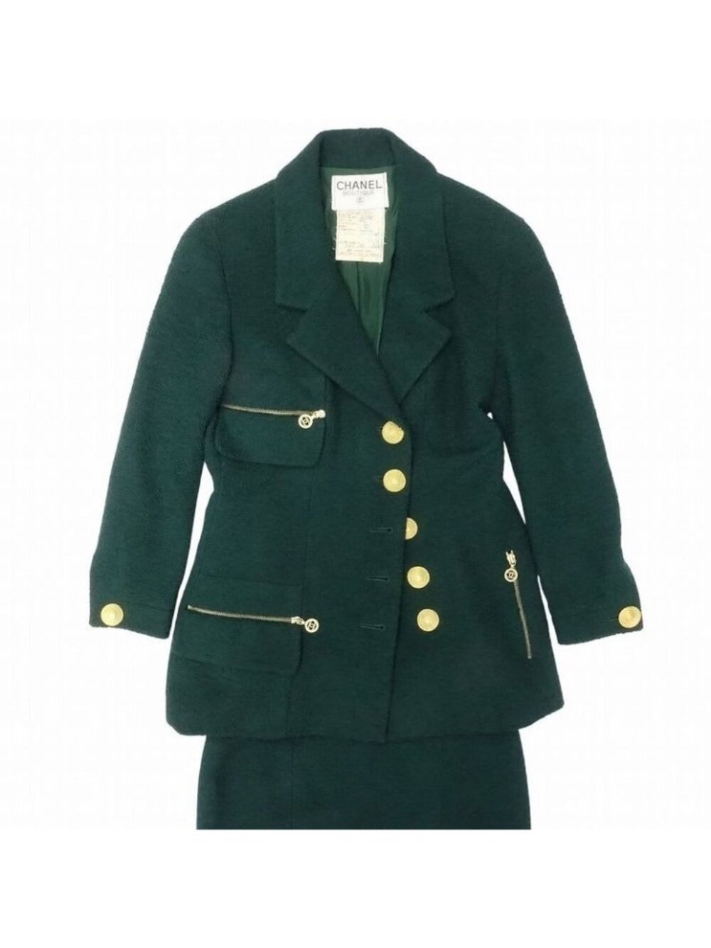 Chanel Set Suit Tweed Jacket Skirt Gold Button Green 38 M Vintage
